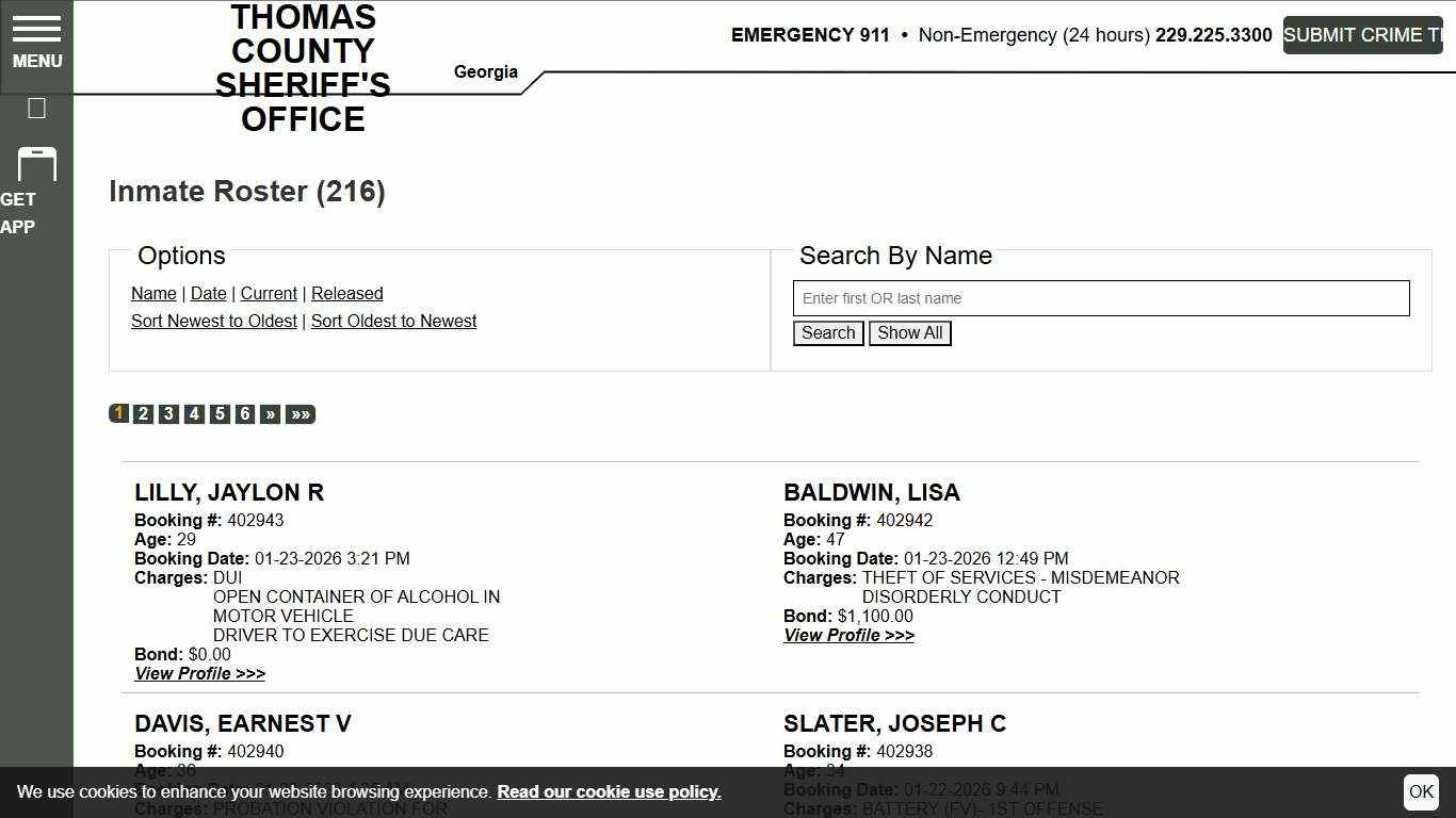 Inmate Roster Thomas County Sheriff's Office Sort Booking Time - Descending Page 1