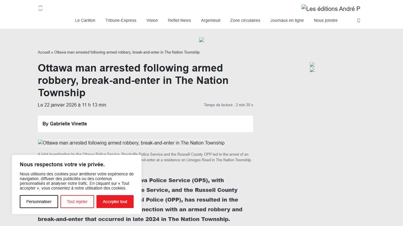 Ottawa man arrested following armed robbery, break-and-enter in The Nation Township - Les éditions André Paquette